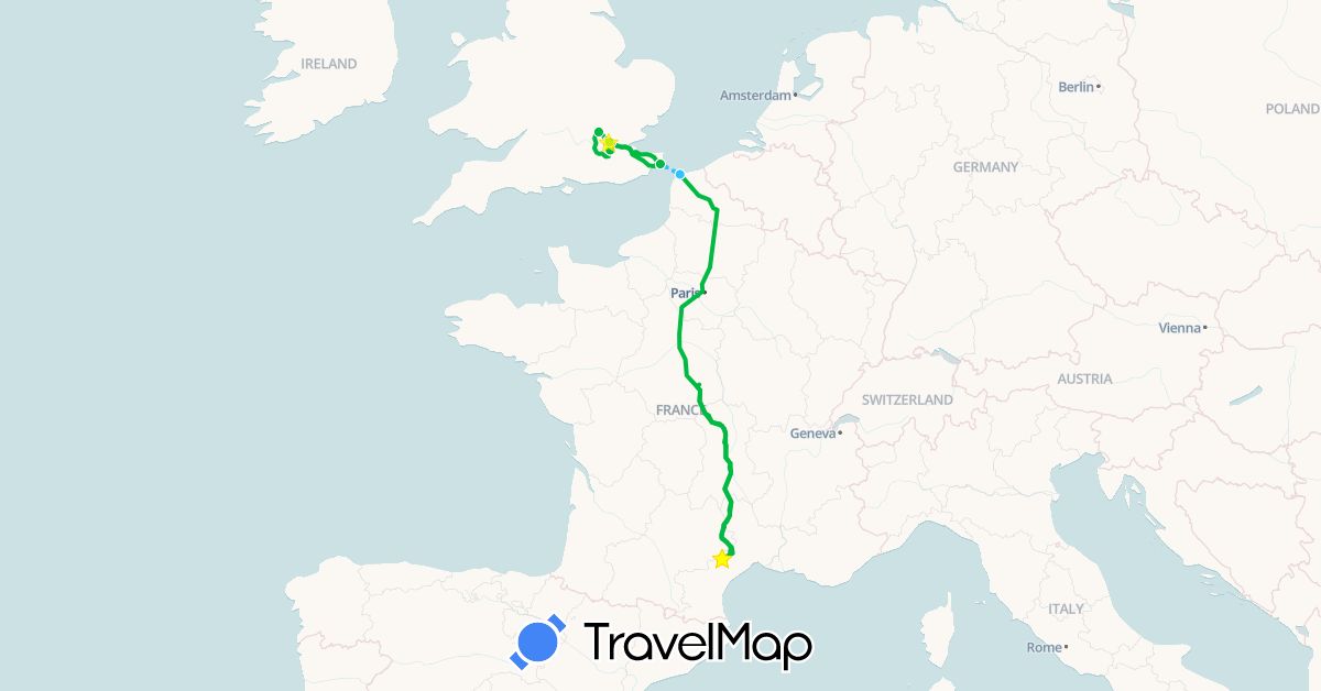 TravelMap itinerary: driving, bus, hiking, boat in France, United Kingdom (Europe)