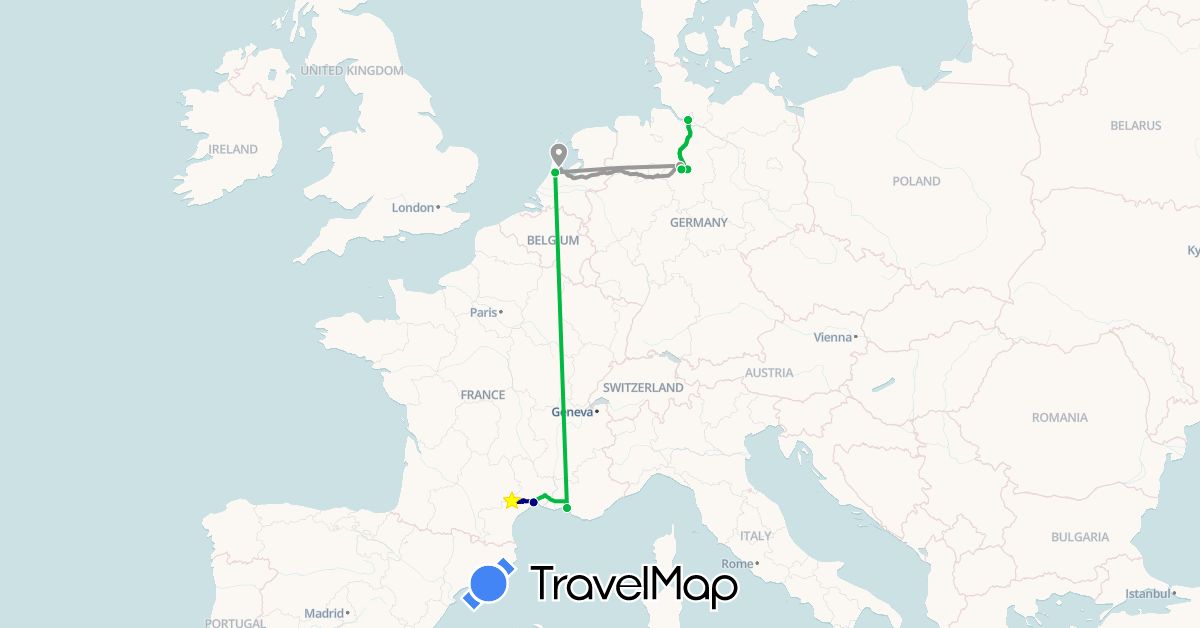 TravelMap itinerary: driving, bus, plane in Germany, France, Netherlands (Europe)